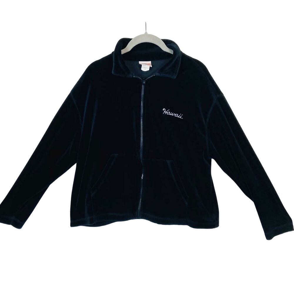 Velour Hawaii Track Jacket Vintage 90s Black Women's Size Large Made in USA